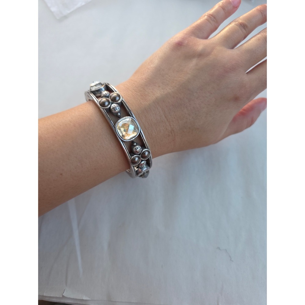Brighton Silver Plated Crystal Hinged Cuff Bracelet Ornate Scroll Statement Boho